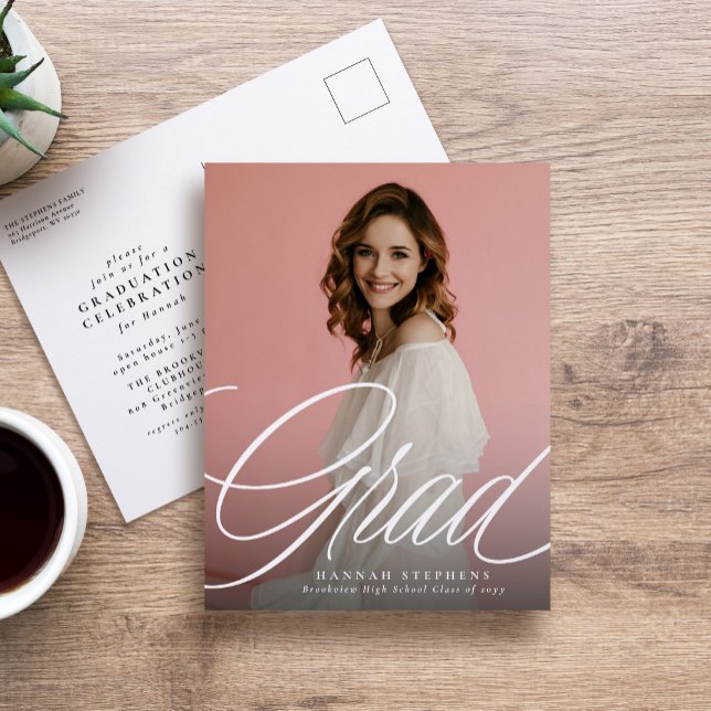 Simple elegant script grad one photo graduation postcard (Creator Uploaded)