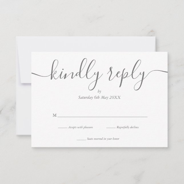 Simple Elegant Script Gray And White RSVP Card (Front)