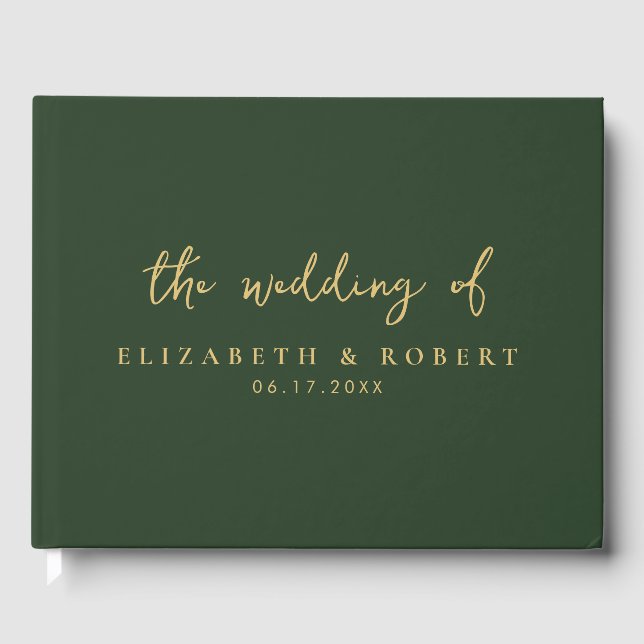 Simple Elegant Script Green Gold Wedding Guest Book (Front)