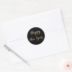 Simple Elegant Script Happy New Year Black Gold Classic Round Sticker