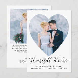 Simple Elegant Script Heart 2 Photo Wedding Thank You Card