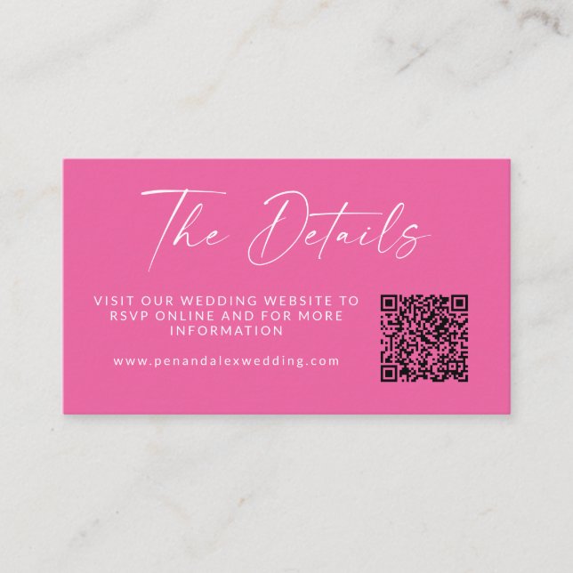 Simple Elegant Script Hot Pink Details Wedding Enclosure Card (Front)