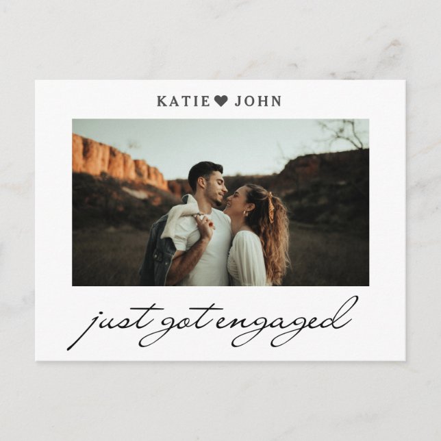 Simple Elegant Script Just Got Engaged Photo Announcement Postcard (Front)