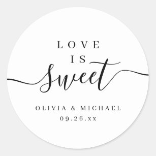 Simple elegant script love is sweet wedding favour classic round sticker
