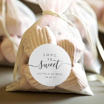 Simple elegant script love is sweet wedding favour classic round sticker<br><div class="desc">Modern minimalist script "love is sweet" with couple's names and event date,  simple and elegant. great personalized favour stickers</div>