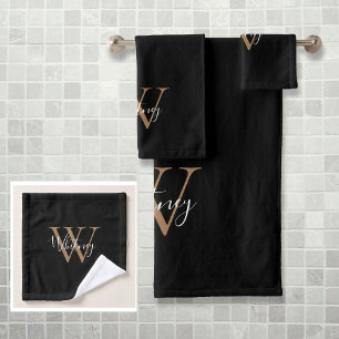 Simple Elegant Script Monogram Black and Gold Bath Towel Set