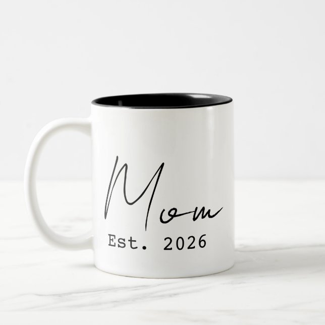 Simple Elegant Script New Mom Established 2026  Two-Tone Coffee Mug (Left)