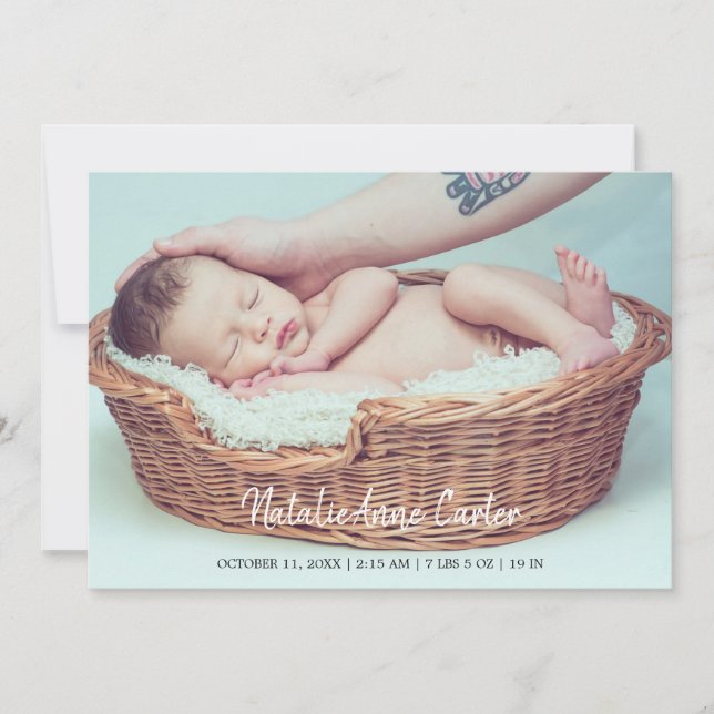 Simple Elegant Script Newborn Baby Minimalist Chic Announcement (Front)