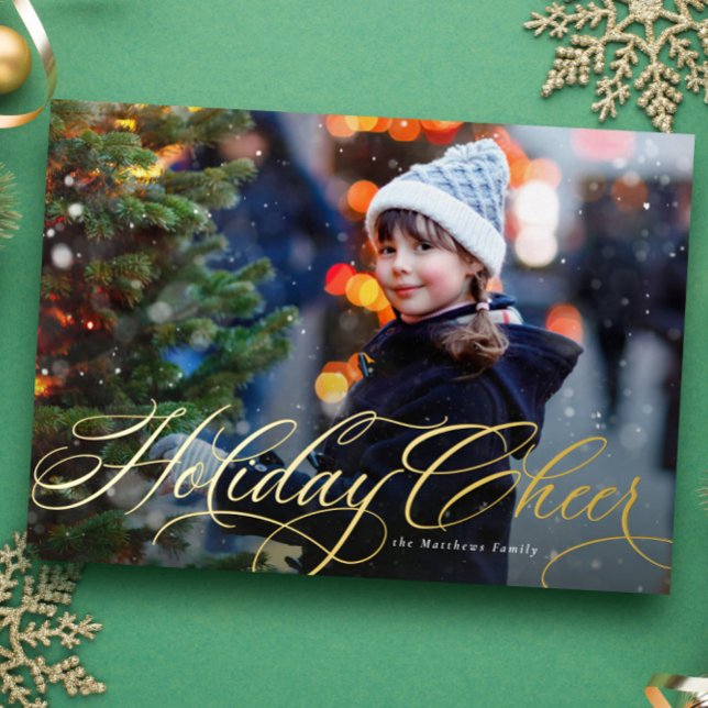 Simple elegant script one photo family cheer foil holiday card (Creator Uploaded)