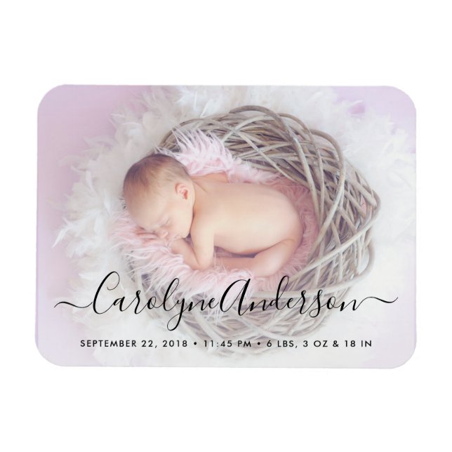 Simple Elegant Script Photo Birth Announcement Magnet (Horizontal)