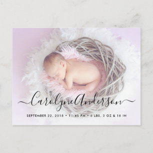 Simple Elegant Script Photo Birth Announcement Postcard