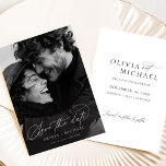 Simple Elegant Script Photo Wedding Save The Date<br><div class="desc">This Simple Elegant Script Photo Wedding Save the Date features a black and white photo of the couple,  capturing a moment of love and happiness. The elegant handwritten script adds a touch of romance,  while the minimalist layout ensures a modern and classy presentation.</div>