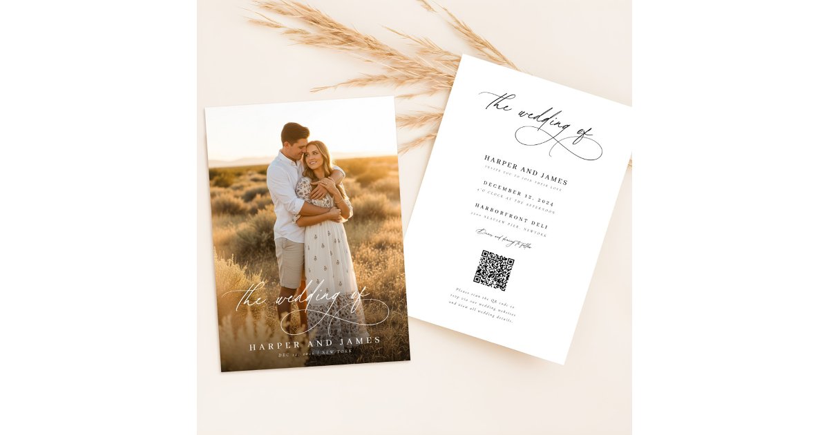 Answer Booklet Script Qr Code Photo Simple Elegant Script QR Code Photo Budget Wedding Invitation | Zazzle