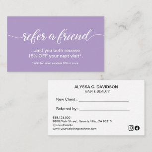 Simple Elegant Script Refer a Friend Purple  Loyalty Card