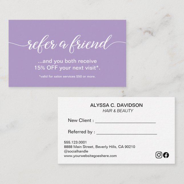 Simple Elegant Script Refer a Friend Purple  Loyalty Card (Front/Back)