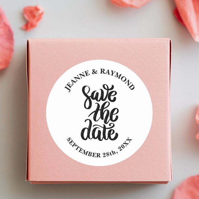 Simple Elegant Script Save The Date Boho Wedding Classic Round Sticker (Simple elegant script sticker adds boho charm to wedding save the date mail.)