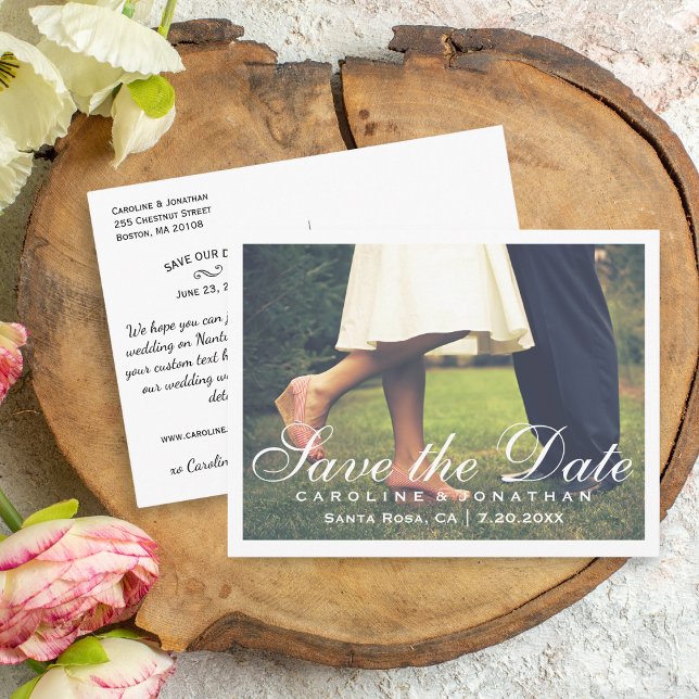 Simple Elegant Script Save the Date Photo Announcement Postcard (Creator Uploaded)