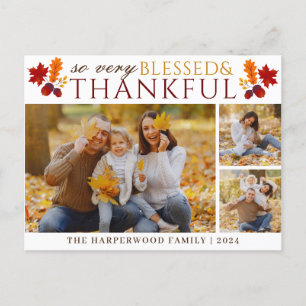Simple Elegant Script thanksgiving family 3 photo Holiday Postcard