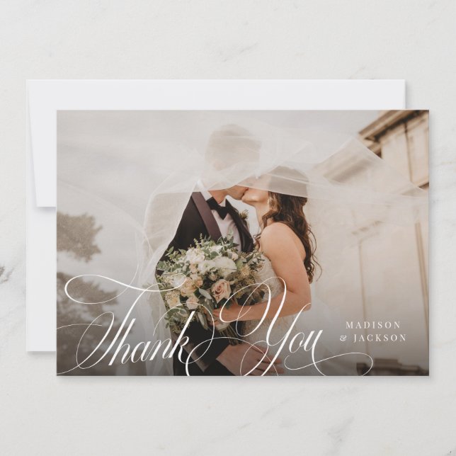 Simple Elegant Script Wedding Horizontal Photo Thank You Card (Front)