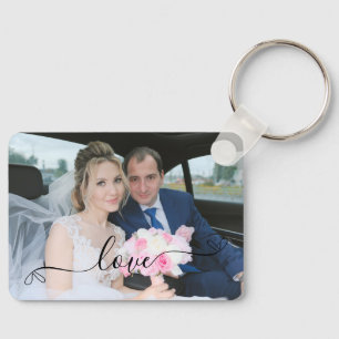 Simple Elegant Script Wedding Photo Keychain