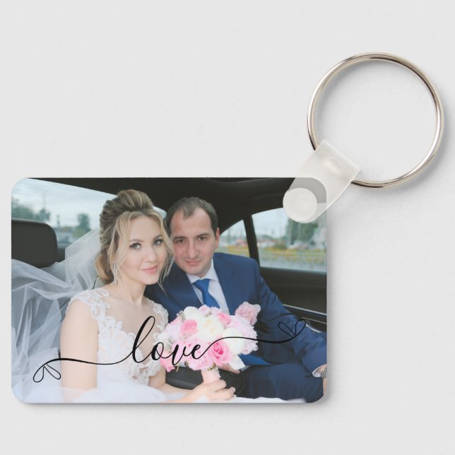 Simple Elegant Script Wedding Photo Keychain (Front)