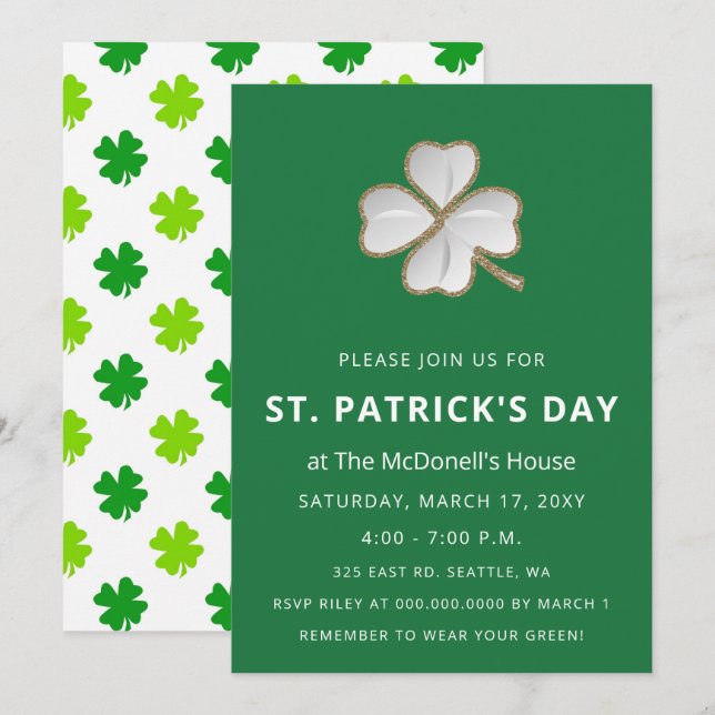 Simple Elegant Shamrock St Patricks Day  Invitation (Front/Back)