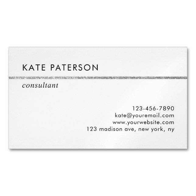 Simple Elegant Silver Glitter Stripe Magnetic Business Card (Front)