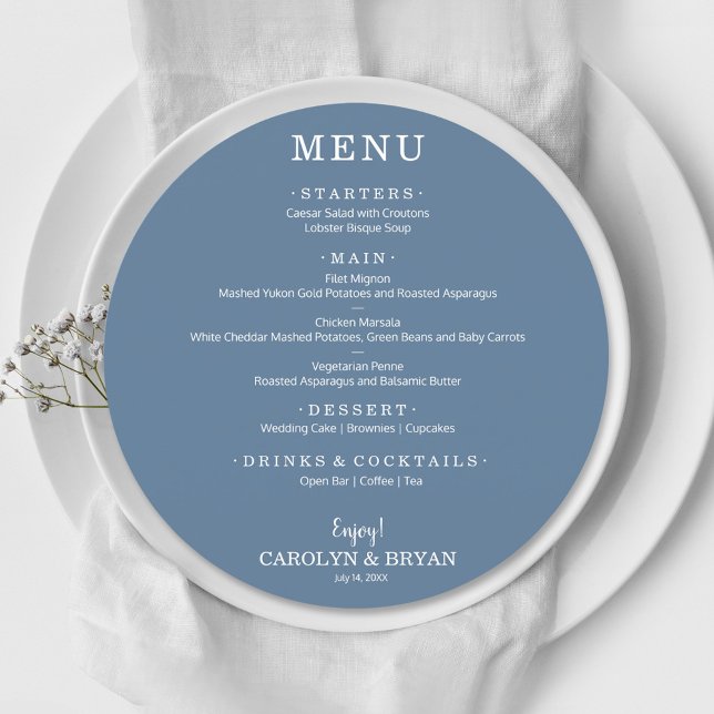 Simple Elegant Slate Blue Round Wedding Dinner Menu (Creator Uploaded)