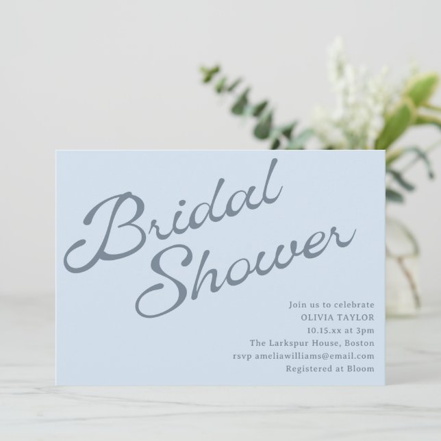 Simple Elegant Soft Blue Script Bridal Shower Invitation (Standing Front)