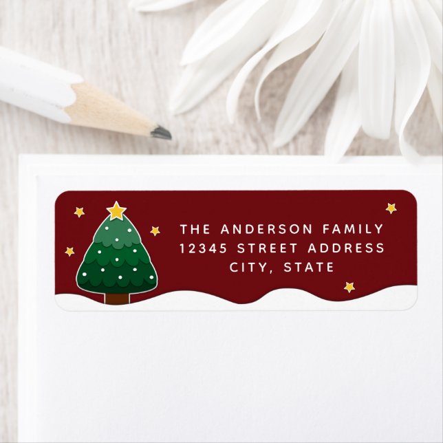 Simple Elegant Starry Snowy Christmas Tree on Red (Insitu)