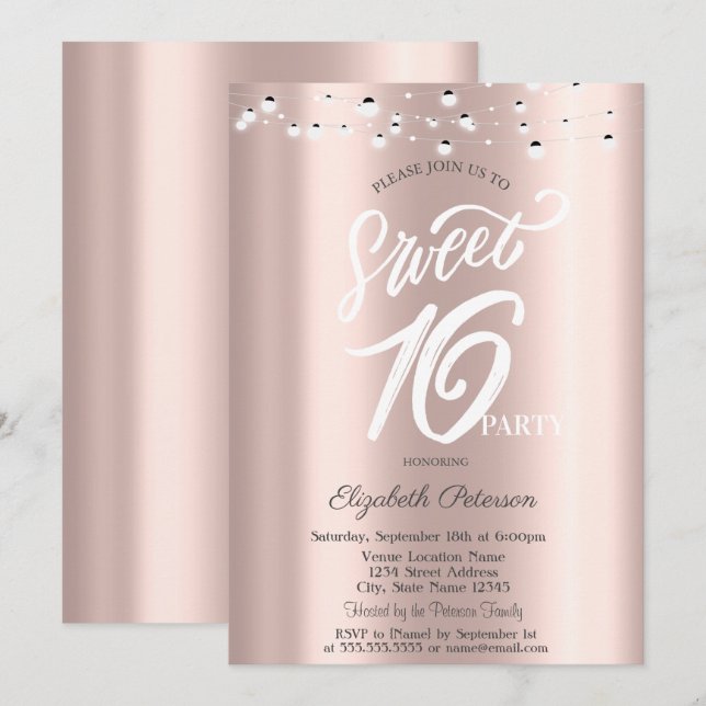 Simple Elegant String Lights Rose Gold Sweet 16 Invitation (Front/Back)