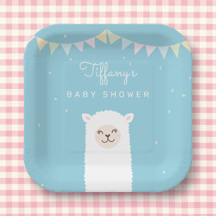 Simple Elegant Sweet Alpaca Llama Boy Baby Shower Paper Plate