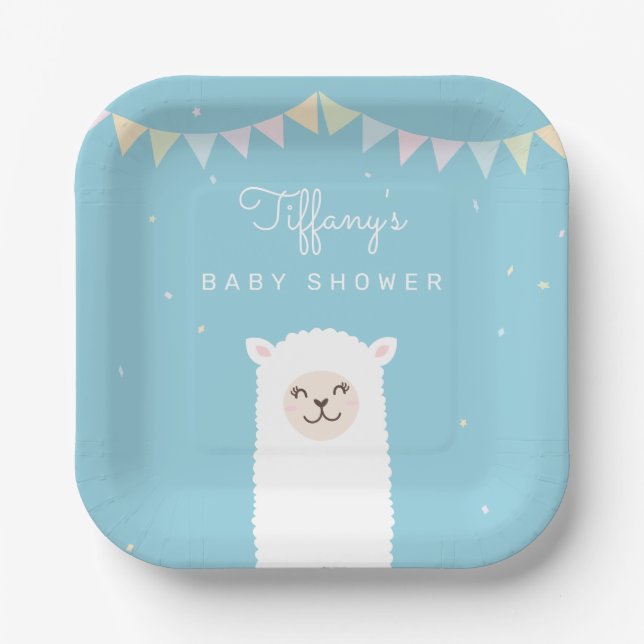 Simple Elegant Sweet Alpaca Llama Boy Baby Shower Paper Plate (Front)
