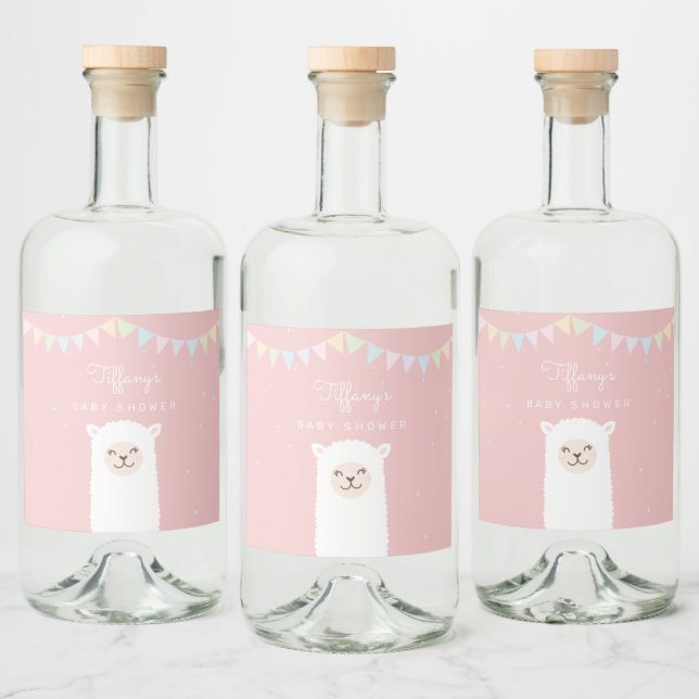 Simple Elegant Sweet Alpaca Llama Girl Baby Shower Liquor Bottle Label (Bottles)