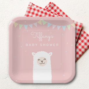 Simple Elegant Sweet Alpaca Llama Girl Baby Shower Paper Plate