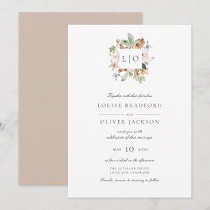 Simple Elegant Taupe Watercolor Monogram Wedding Invitation