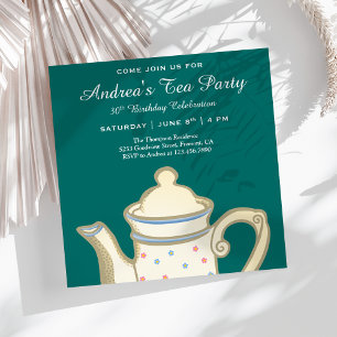 Simple Elegant Tea Pot   Teal Birthday Tea Party Invitation