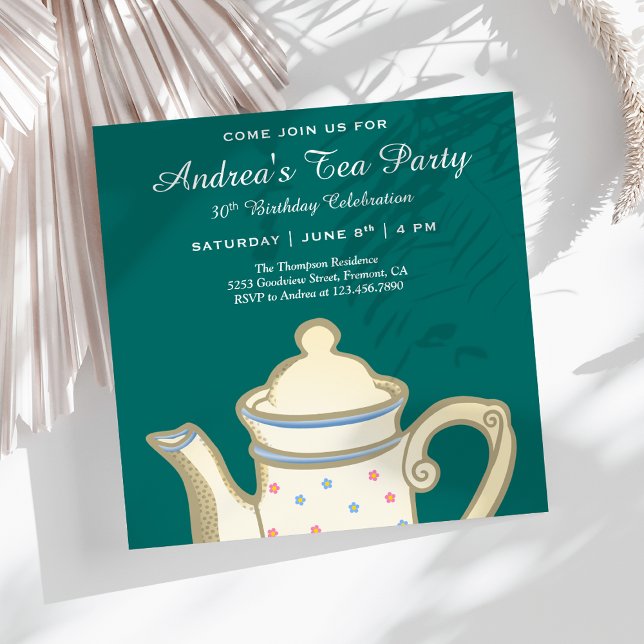 Simple Elegant Tea Pot | Teal Birthday Tea Party Invitation (Creator Uploaded)