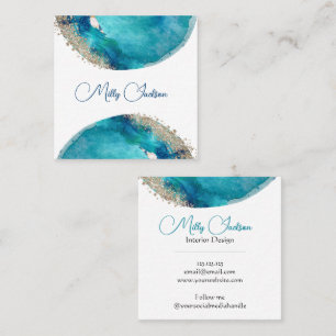 Simple Elegant Teal Gold Watercolour Custom Square Business Card