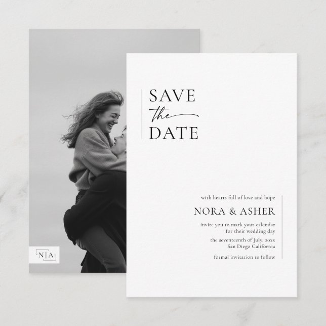 Simple Elegant Text and Photo | Monogram Wedding Save The Date (Front/Back)
