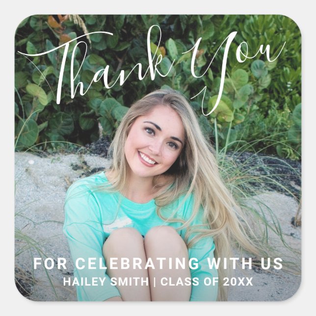 Simple Elegant Thank You Photo Graduation Square Sticker (Front)