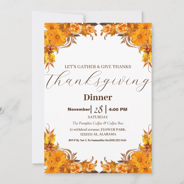 Simple Elegant Thanksgiving Dinner Autumn Fall  Invitation (Front)