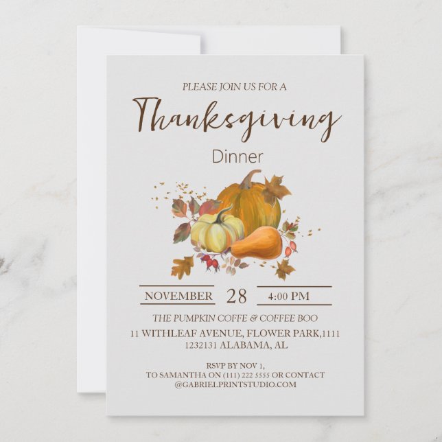 Simple Elegant Thanksgiving Dinner Floral fall Invitation (Front)