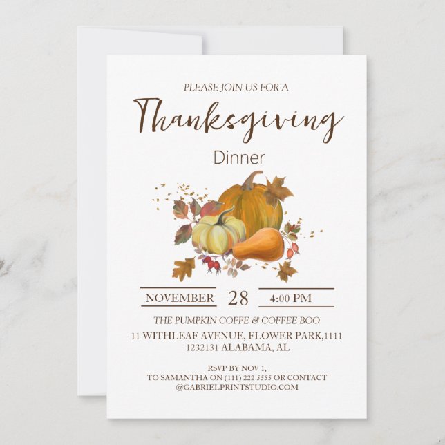 Simple Elegant Thanksgiving Dinner Floral fall Invitation (Front)