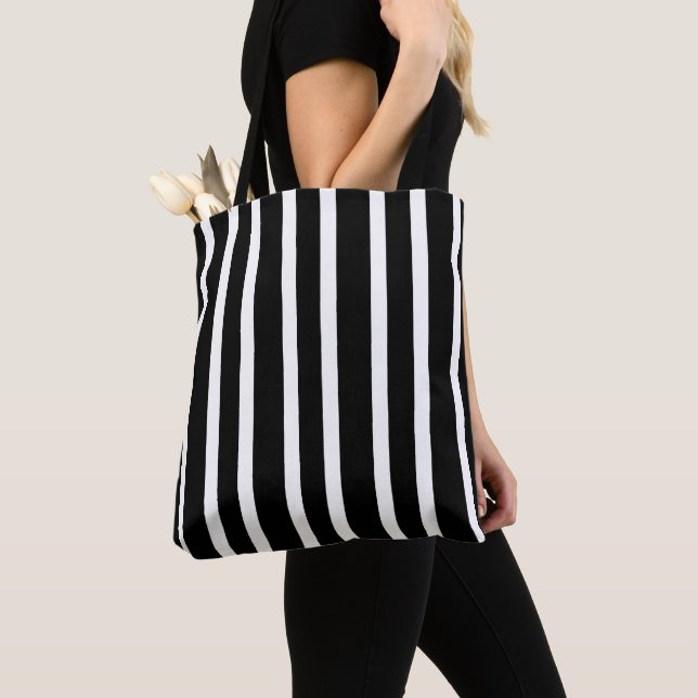 Simple elegant trendy modern black white stripes tote bag (Close Up)