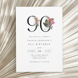 Simple Elegant Tropical 90th Birthday Invitation<br><div class="desc">This 90th birthday invitation features a clean, sophisticated design with a touch of elegance. The number "90" is prominently displayed in large, graceful serif font embellished with vibrant tropical flowers and lush foliage to add a burst of colour and painted details. Palm fronds, hibiscus, fig blossoms, anthuriums, bird of paradise,...</div>