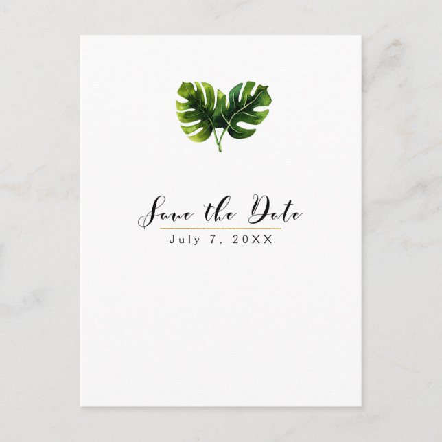 Simple Elegant Tropical Palm Leaves Save the Date Announcement Postcard (Front)
