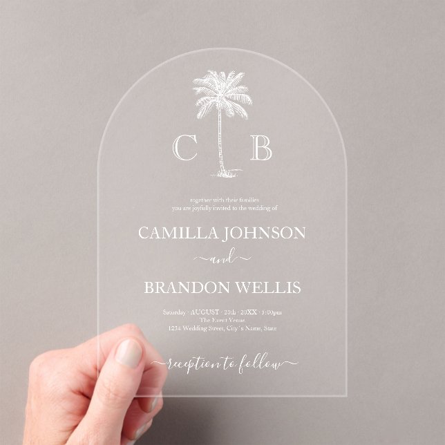 Simple Elegant Tropical Palm Monograms Wedding Acrylic Invitations (Insitu (Handheld))