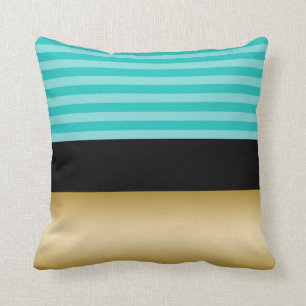 Simple Elegant Turquoise Striped Black and Gold Throw Pillow