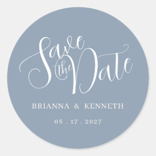 Simple Elegant Typography Dusty Blue Save the Date Classic Round Sticker